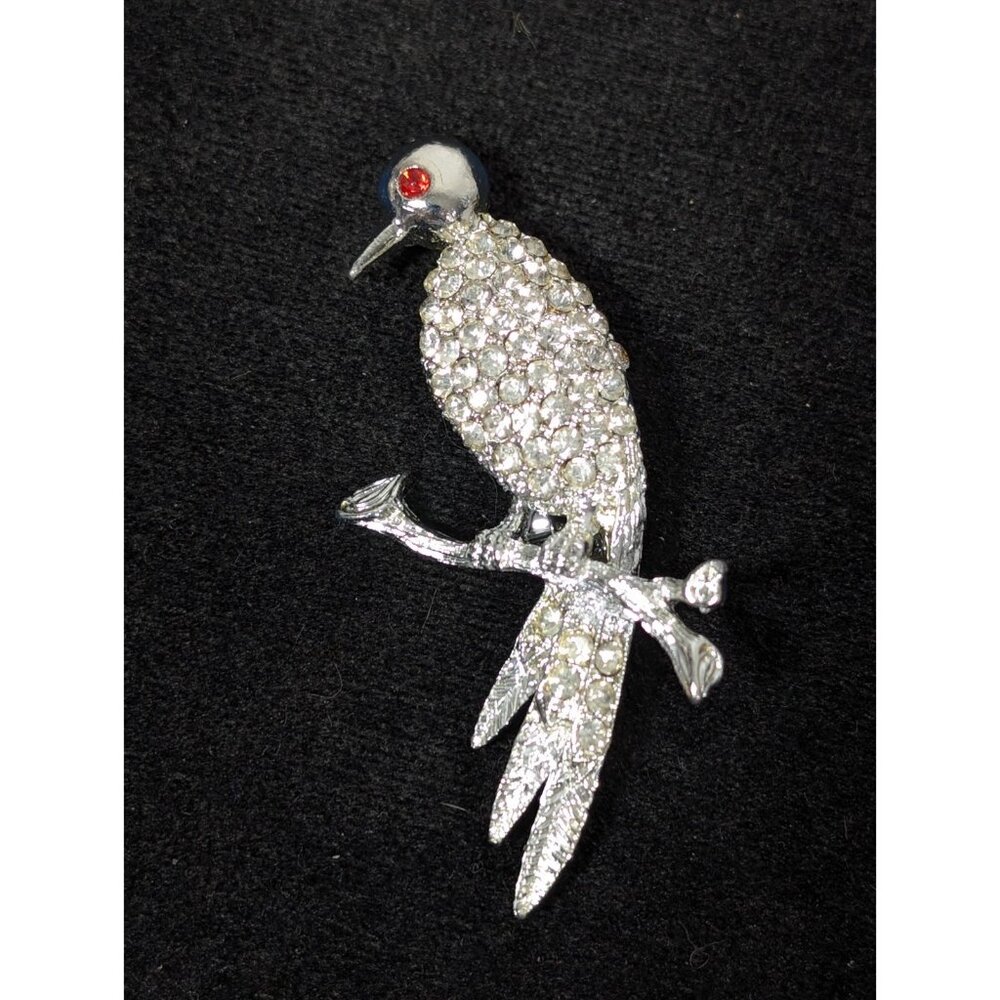 Vintage 1960s Brooch Rhinestone Pave Bird On Branch Silver Tone - Picture 2 of 7